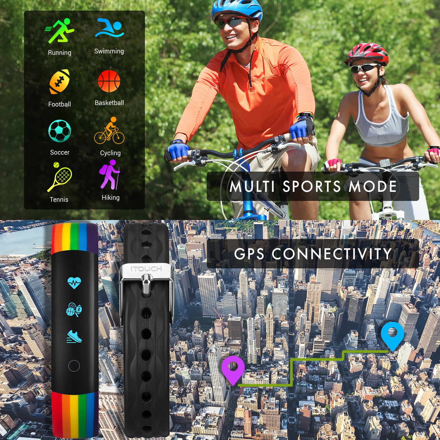iTouch Slim Fitness Tracker with Bonus Strap Rainbow Print on White Band Black Band Walmart