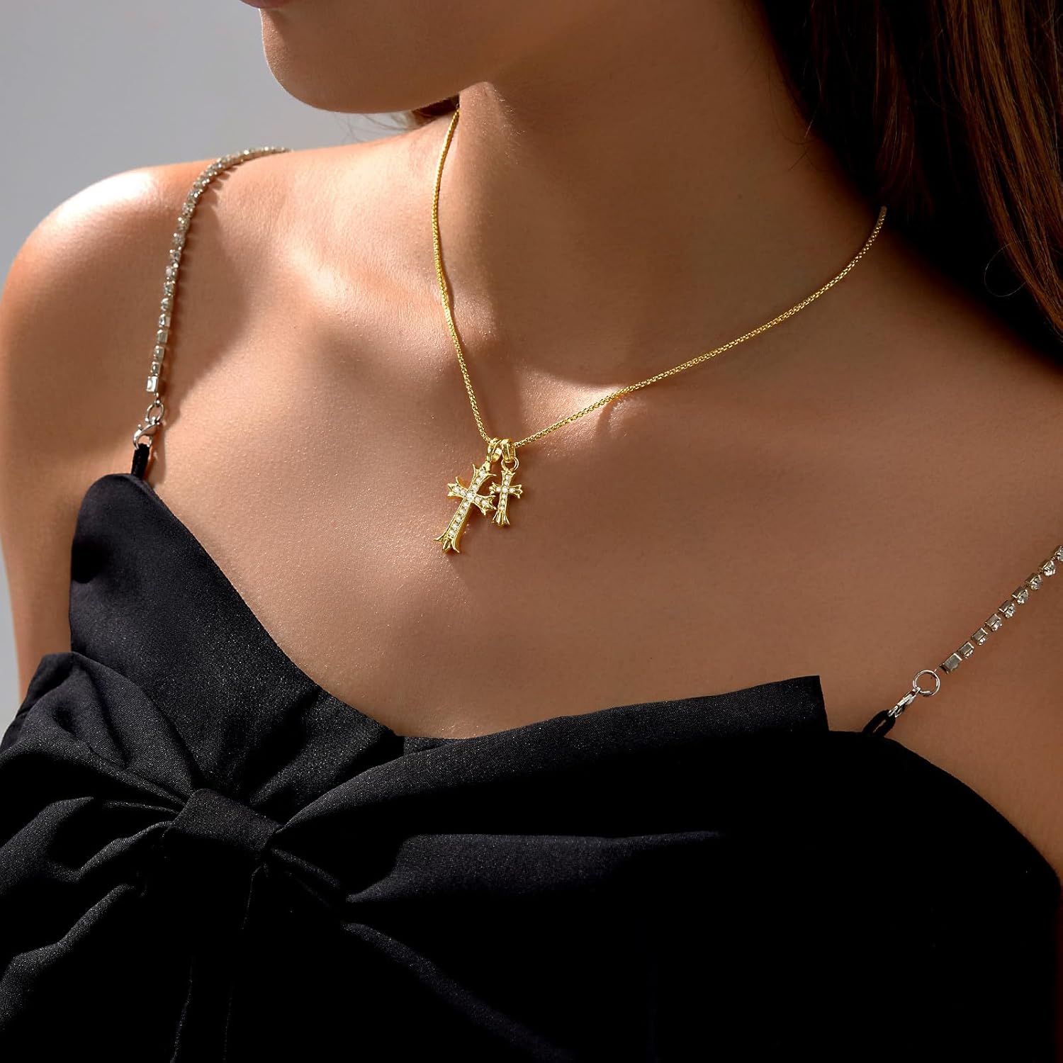 XH Gold Cross Necklace for Women 14K Plated Dainty Pendant Cross Chain Faith Crucifix Choker Baptism Necklace for Women Trendy Religious Jewelry Hypoallergenic