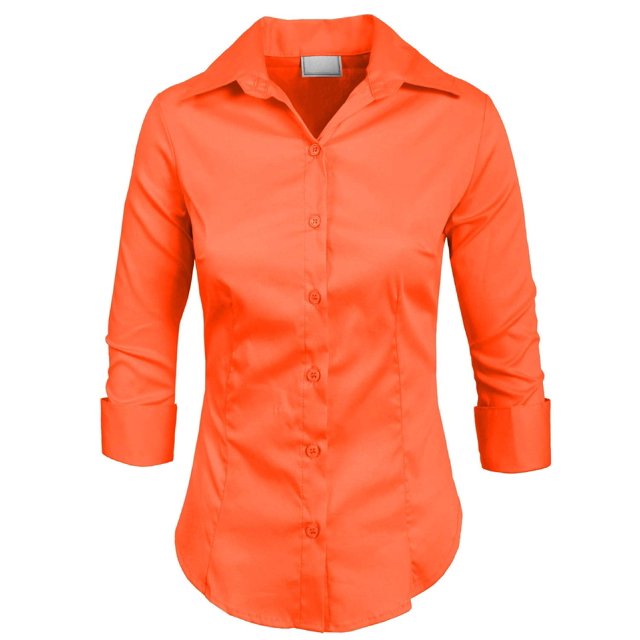 J. METHOD Chemise Boutonnée pour Femme Manches 3/4 Col Roulé Extensible Bureau Travail Formel Décontracté Blouse Basique Haut NEWT01 Permanent Orange 4X
