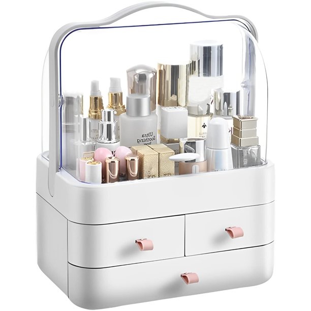 Organizador del Maquillaje,Caja de almacenamiento de cosméticos de gran capacidad con tapa de apertura y cierre bidireccional impermeable y a prueba de polvo,para encimeras de baño y tocador