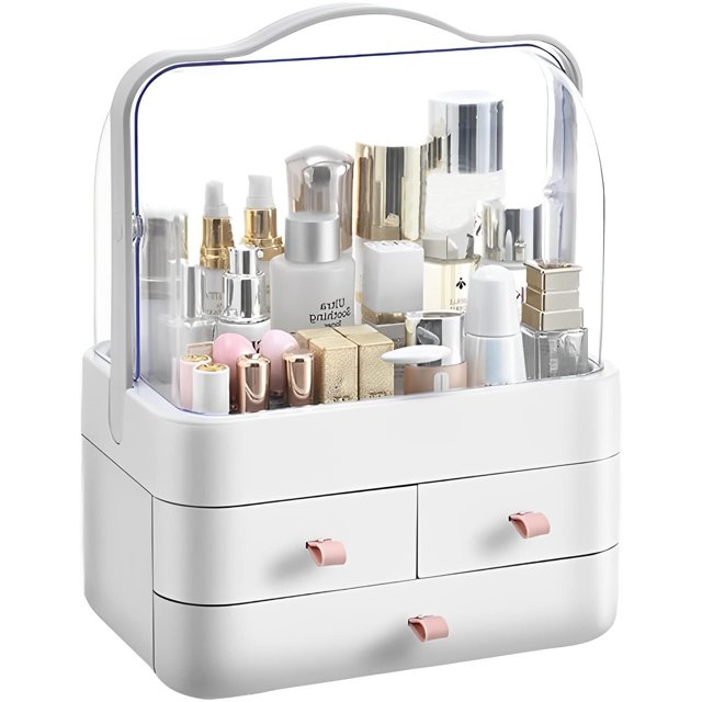 Organizador del Maquillaje,Caja de almacenamiento de cosméticos de gran capacidad con tapa de apertura y cierre bidireccional impermeable y a prueba de polvo,para encimeras de baño y tocador
