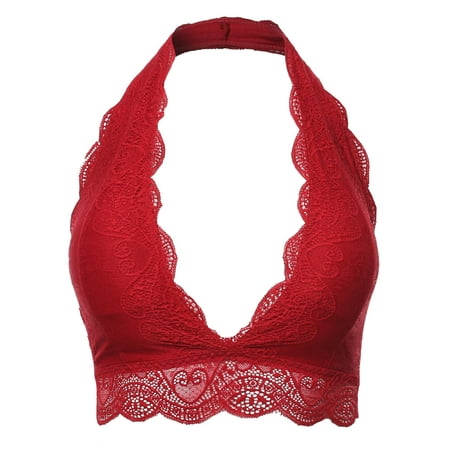 FashionOutfit Women s Solid Lace Cami Halter Neck Bralette