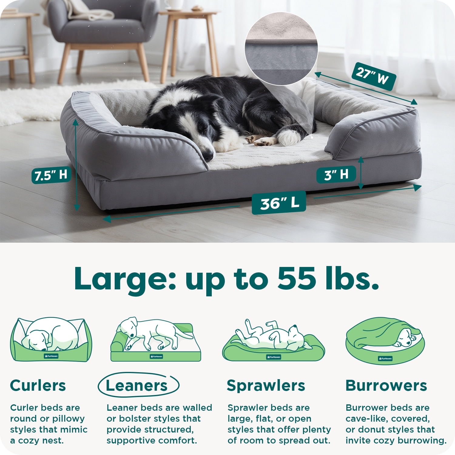 FurHaven Cooling Gel Dog Bed for Large Dogs, Perfect Comfort Sofa Bed, Cool Gel-Top Foam & Solid Orthopedic Foam Base for Joint Support, Removable Washable Cover, Large, Plush & Velvet, Granite Gray