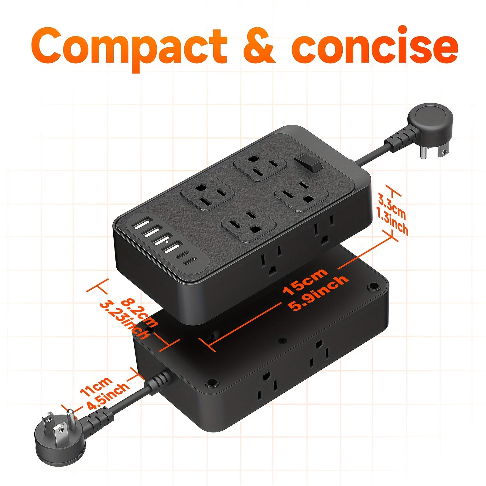 Outlet Extender with Surge Protector, 8 AC Outlets & 6 USB Ports (4A+2C), Short 3-Inch Cord, Compact Charging Station for Home Office Travel