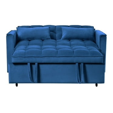 3 in 1 Convertible Sleeper Sofa Bed, Modern Pull Out Couch Bed, Adjustable Backrest, Velvet Loveseat Futon Sofa with Pillows & Pockets for Living Room Apartment, Blue