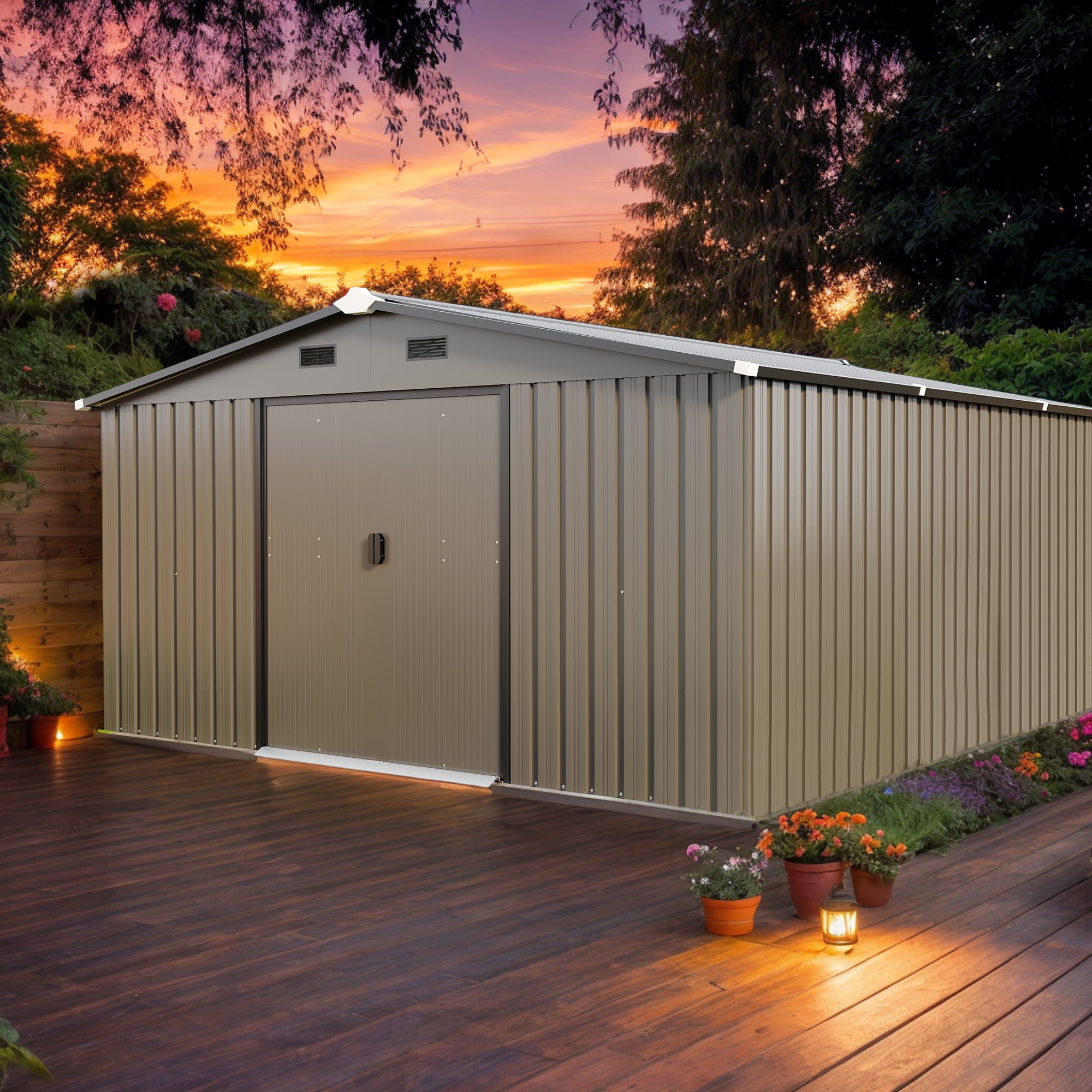 Villeston 10FT x 12FT Outdoor Metal Storage Shed,Tool Shed Storage House with Lockable Door for Garden, Backyard, Patio Brown