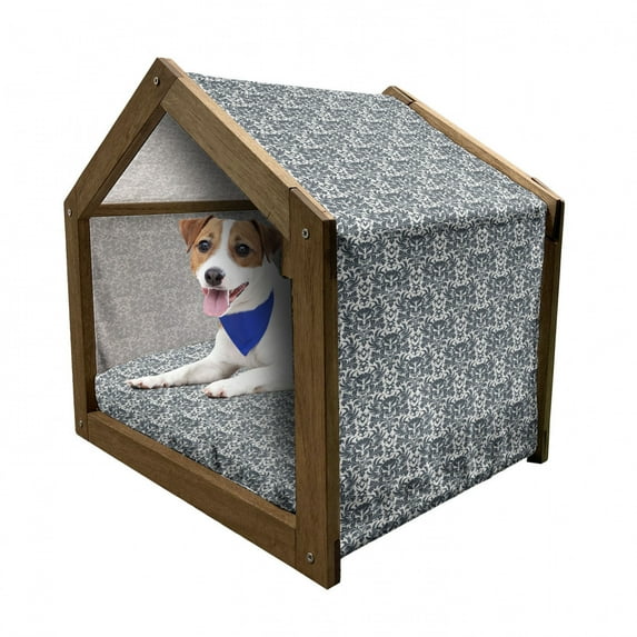 Gothic Pet House, Damask Inspired Ornamental Flourishes Abstract Floral Skull Motif Royal Foliage, Outdoor & Indoor Portable Dog Kennel with Pillow and Cover, 5 Sizes, Grey White, by Ambesonne