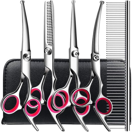 Dog Grooming Kit Professional Stainless Steel Dog Grooming Scissors with Curved Shears Pink Finger Rings - 5 Piece Sharp Durable Pet Shears for Dogs Cats At Home Salon-Quality Grooming