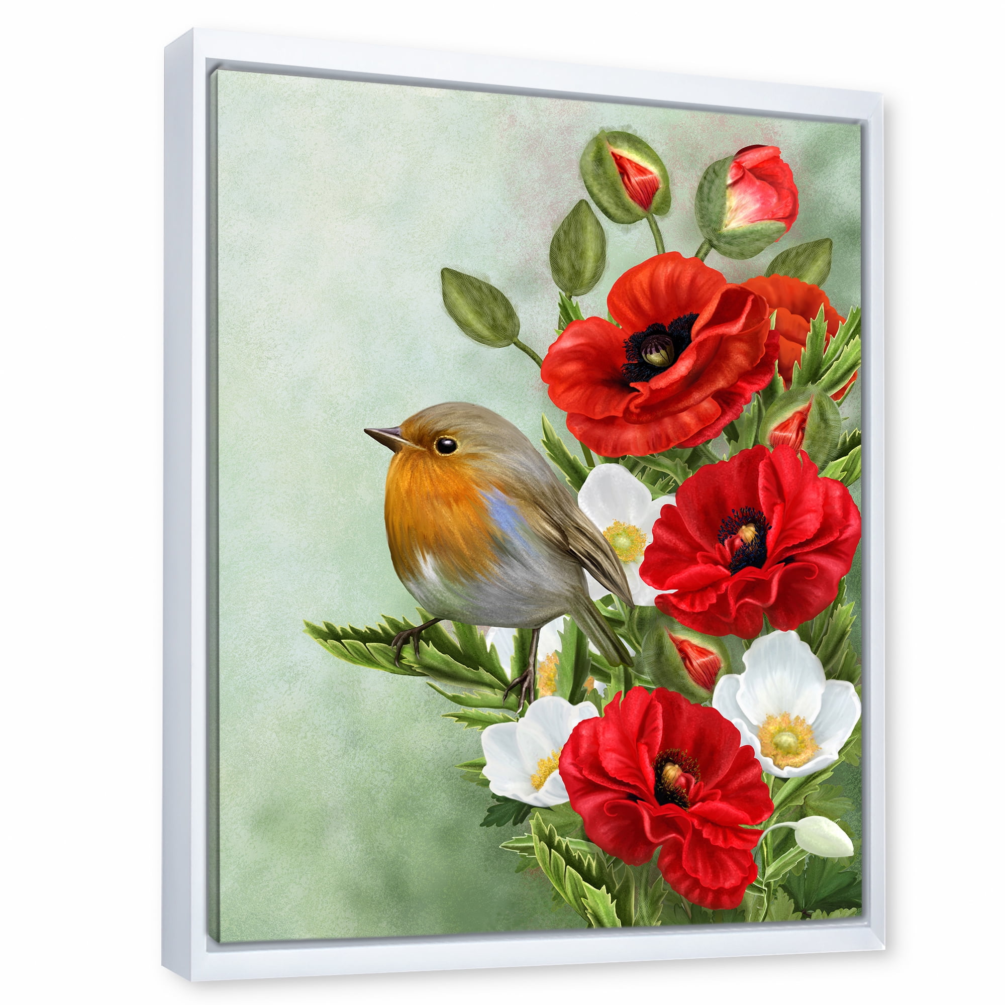 Red Poppies and White Anemones With Yellow Bird 16 in x 32 in Framed Painting Canvas Art Print, by Designart