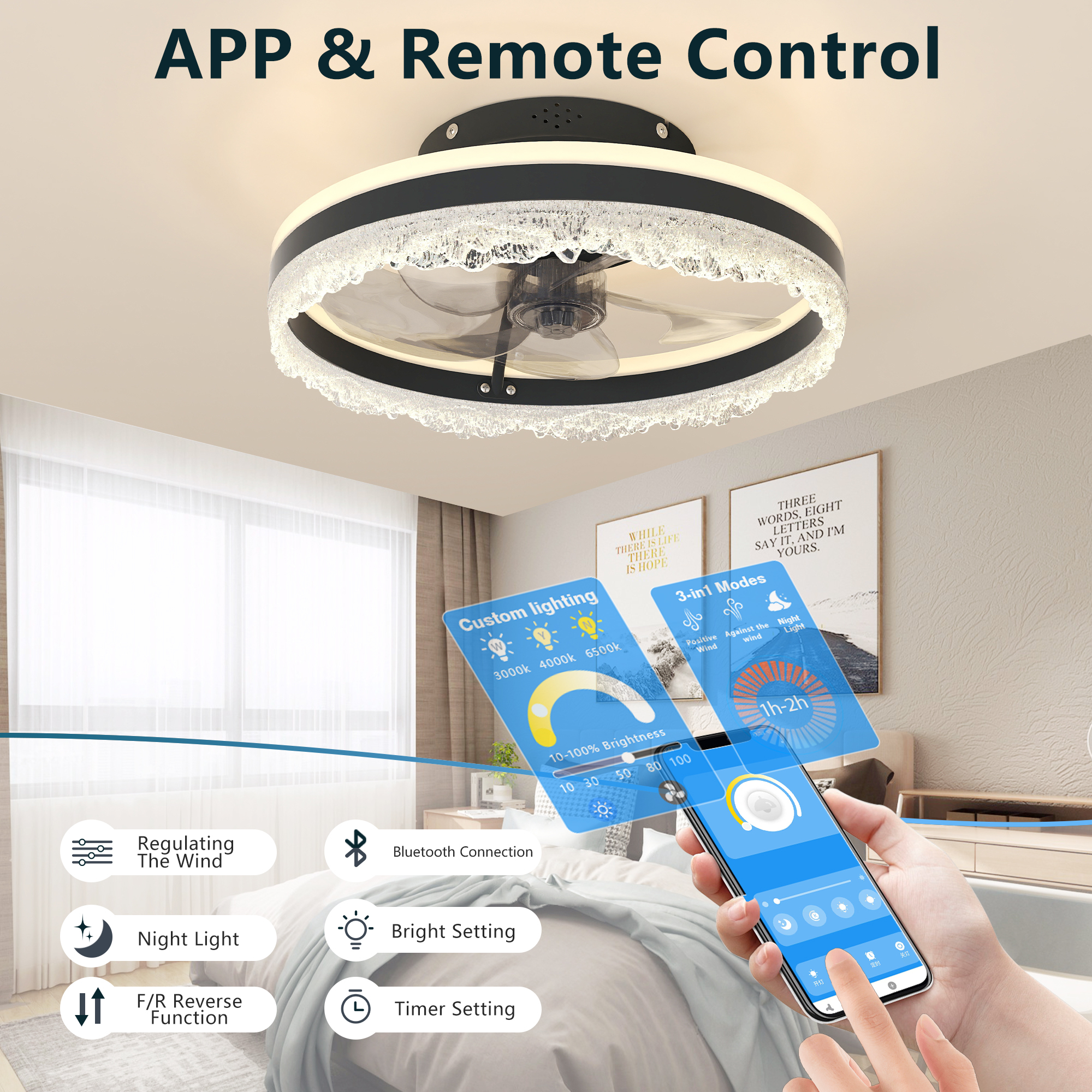 Leumius 16" Quiet Ceiling Fan with Light, LED Crystal Flush Mount Fan Lamp with Hidden Blades and Natural Airflow for Bedroom, Kids Room, Study Room