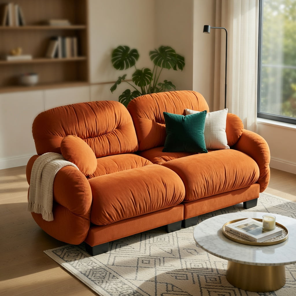 Hommoo Chenille 2-Seater Modular Sofa with Pleated Back, Ergonomic High-Density Foam Cushions, Curved Armrests & 2 Round Throw Pillows, Orange