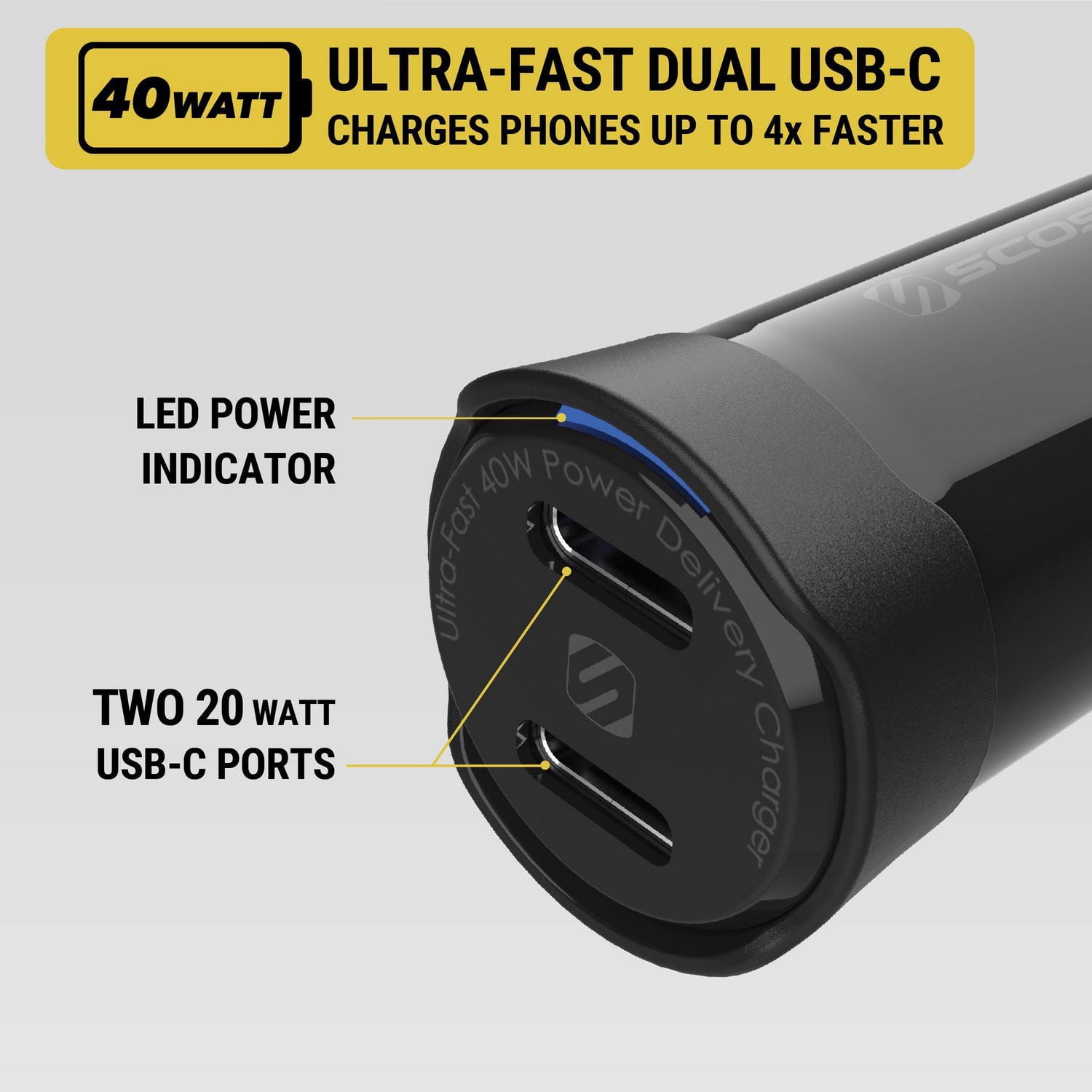 Scosche CPDCC40M-SP PowerVolt 40 W – Adaptateur allume-cigare certifié USB-C Power Delivery à double port