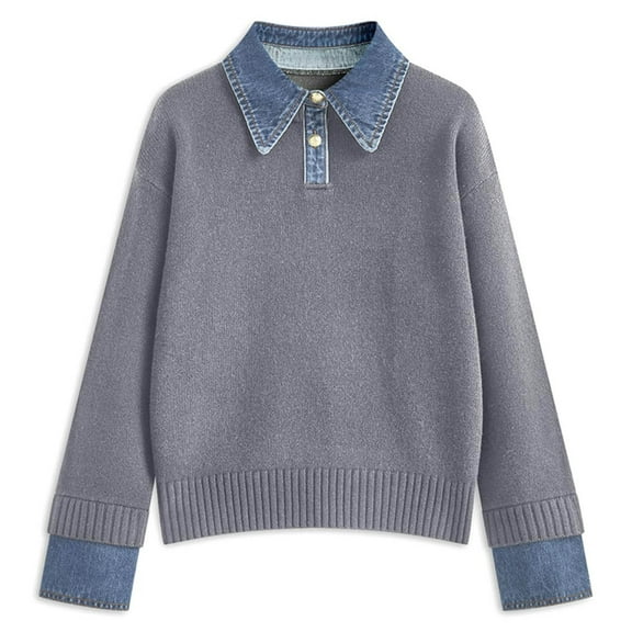 Sweaters for Women Fall Outfits for Women 2025 Women's Pullover Sweater Casual Loose Knit Top Collar Denim Trim Elegant Versatile Shirt Style Comfortable Soft Yarn