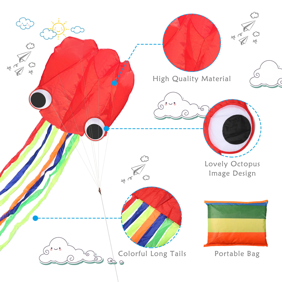 Outdoor Fun Kite Kids Colorful Tail Single Line Stunt Soft Red Octopus V2T8 