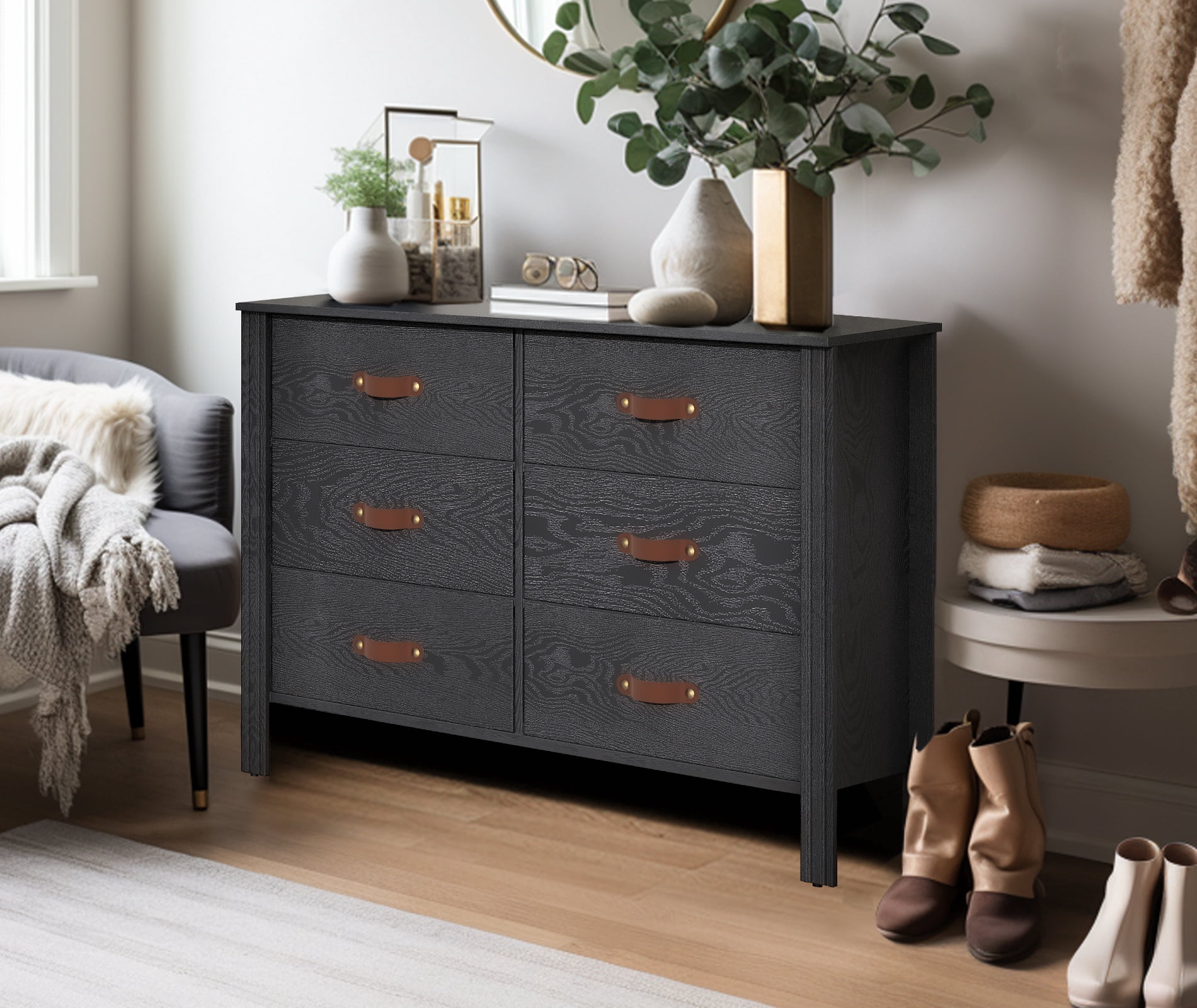 Set of 2 Dresser for Bedroom, Large Wood Dresser with 6 Drawers, Storage Cabinet for Living Room, Hallway, Black & White
