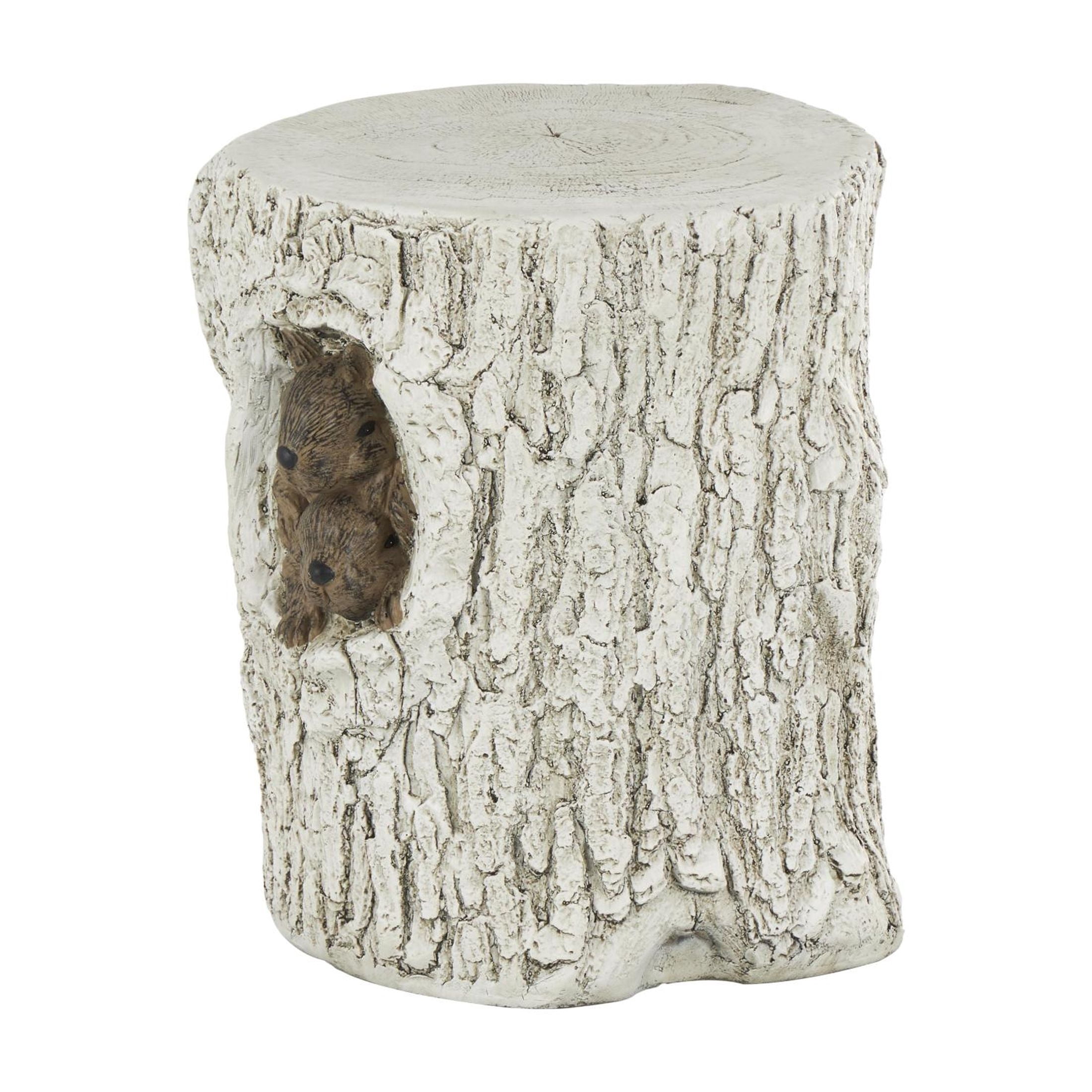 DecMode Magnesium Oxide Squirrel Tree Trunk Garden Stool with Brown Accents, White