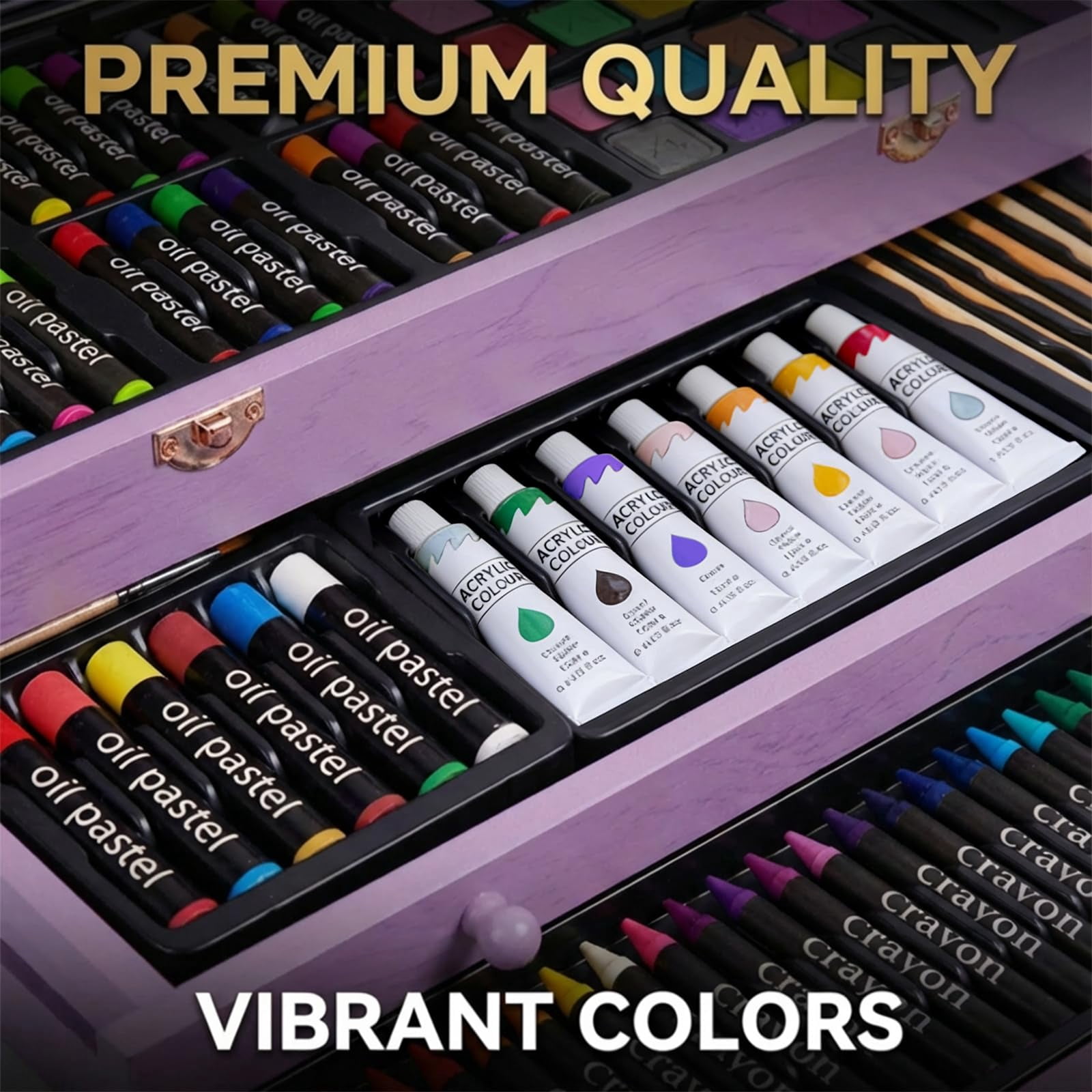175-Pack Deluxe Wooden Art Set Drawing Painting Kit with 2 Drawing Pads, Acrylic Paints, Colored Pencils, Crayons, Paint Brush, Art Kit in Wooden Case, Gift for Artist, Adults, Teens and Kids
