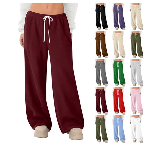 Women's Baggy Athletic Leisure Pants - Fleece Lined High Waist Wide Leg Joggers with Drawstring and Pockets, Versatile for Outdoor and Lounge Wine L