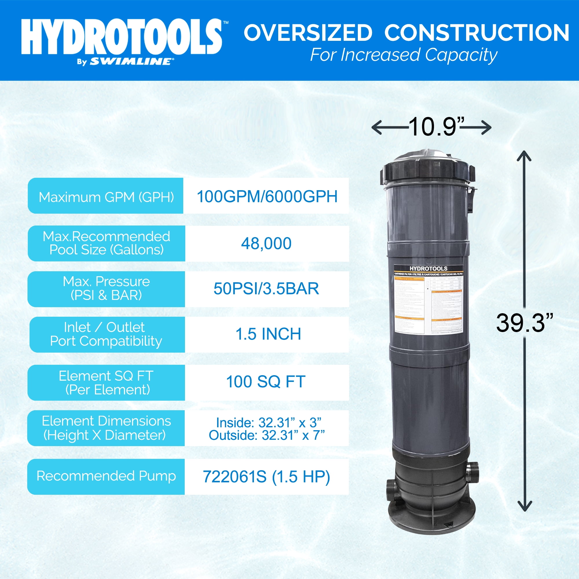 ＦＴ-100 (100w) HYDROTOOLS Sure-Flo Pool Filter TANK & ELEMENT for Pools Up