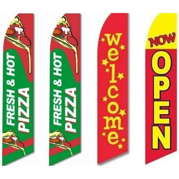 4 Swooper Flags Pizza Pizzeria Restaurant Welcome Open Green Red Yellow Italian