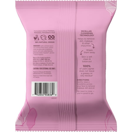 Burt's Bees Micellar Facial Towelettes With Rose Water, 30 ct. Package