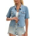 thumbnail image 4 of INSPIRE CHIC Women's Jean Jacket Crop Button Down with Pockets Casual Short Sleeve Denim Shirt M Light Blue, 4 of 6