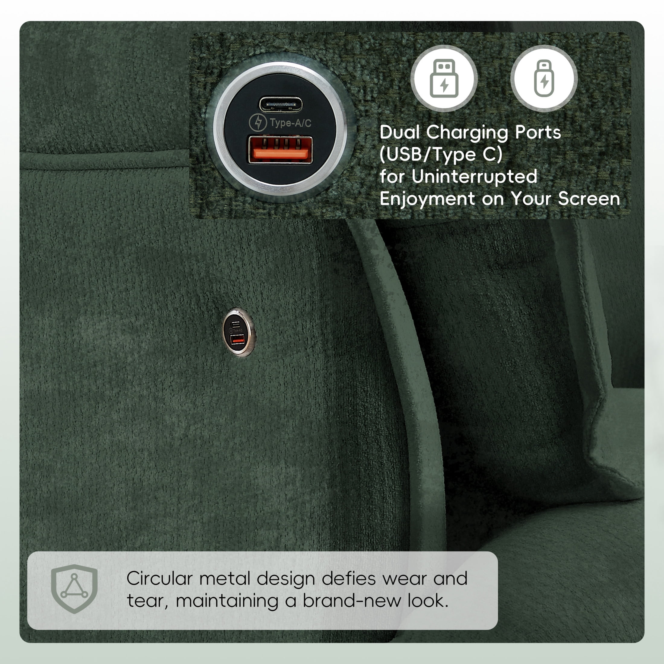 Noble House Genrix 47" Oversized Chenille Accent Chair with Charging Ports, Comfy Armchair for Living Room, Green