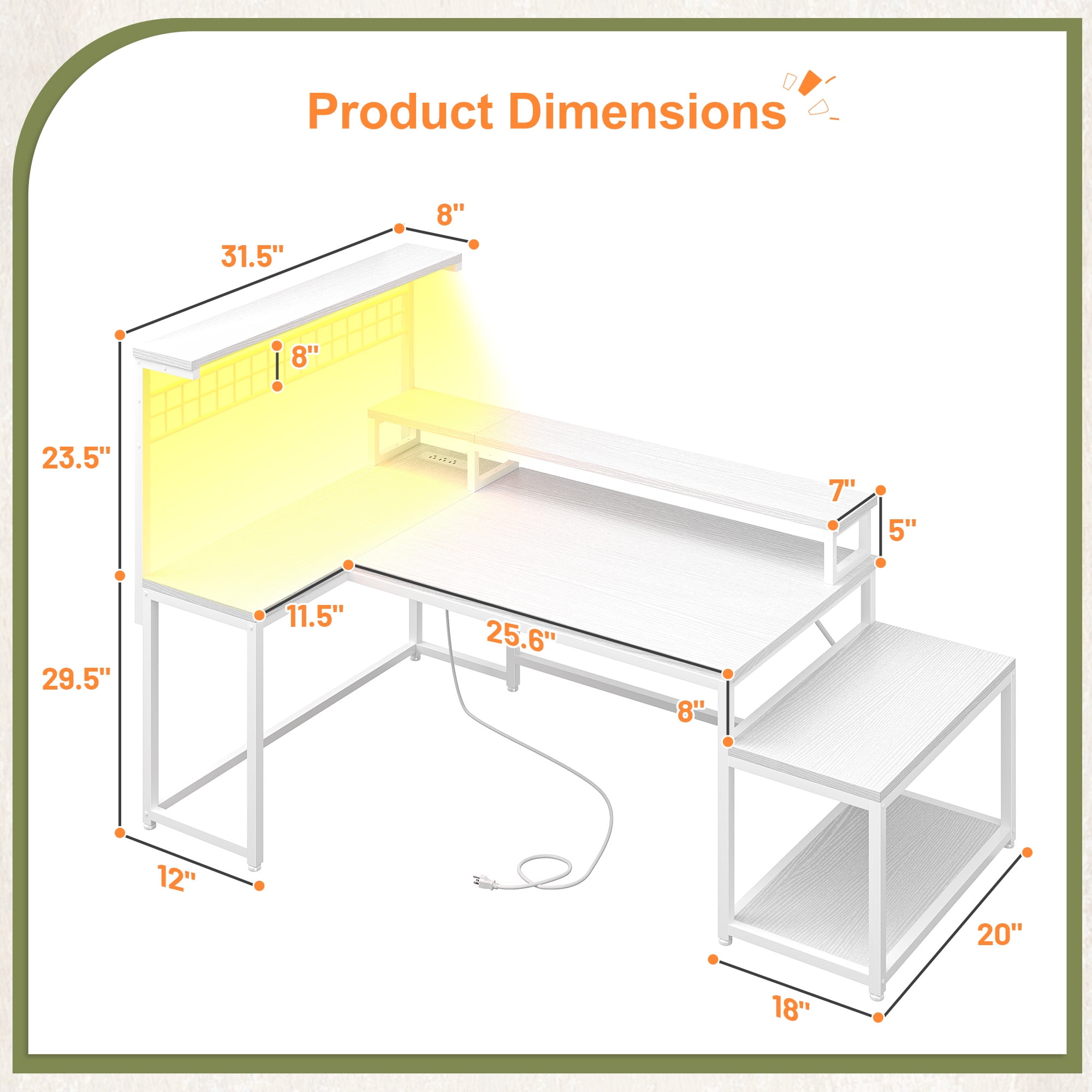 Romorgniz 55.6"W L Shaped Computer Desk with LED Lights & Power Outlets, Gaming Desk with Monitor Stand, Printer Stand & Storage Shelves for Home Office, White