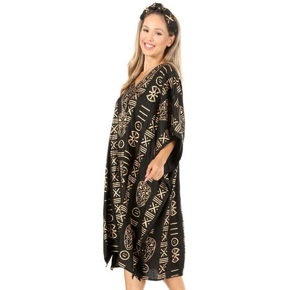 Sakkas Trina Women's Casual Loose Beach Poncho Caftan Dress Cover-up Many Print - KAF1016 BlackGold - One Size