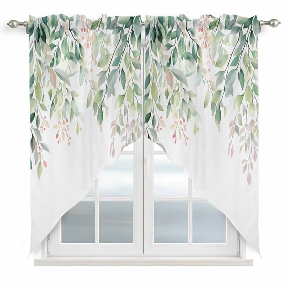 Green Botanical Kitchen Window Curtains, Swag Curtains Valance for Bedroom Living Room Bathroom, Pink Spring Floral Eucalyptus Leaves Rod Pocket Window Treatment Curtain Block Drapes 2 Panels 36"x36"