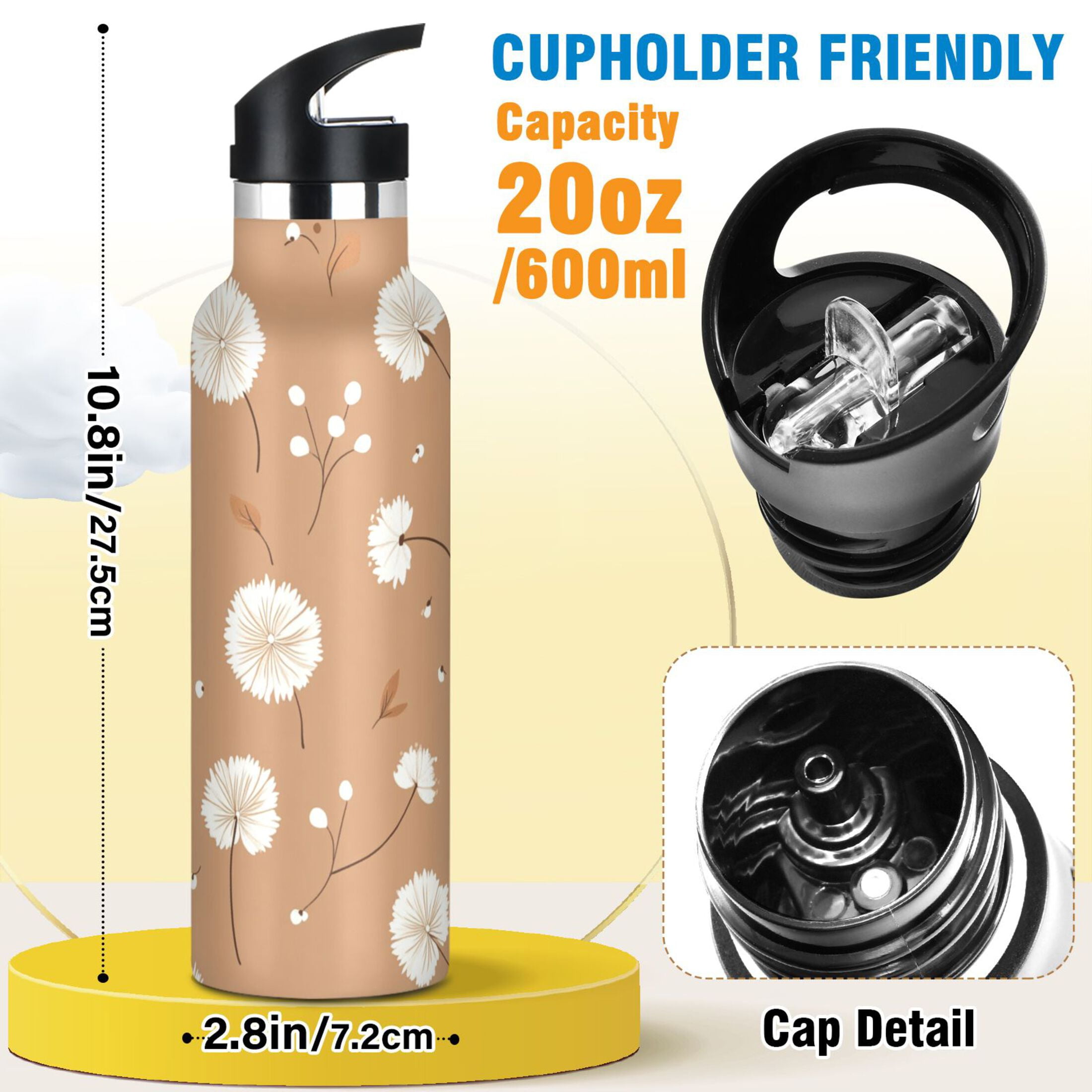 Kids Insulated Stainless Steel Sports Water Bottle 600ml (20oz) Adorabledandelion Pattern