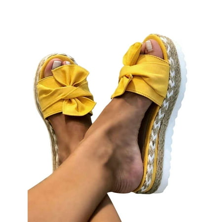 

Rotosw Ladies Womens Espadrille Bow Platform Slip On Heel Wedge Summer Sandals Sliders