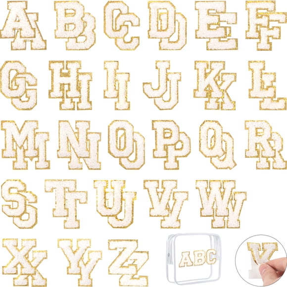 Parches de chenilla con letras FOGWOWO blancos autoadhesivos, 52 unidades