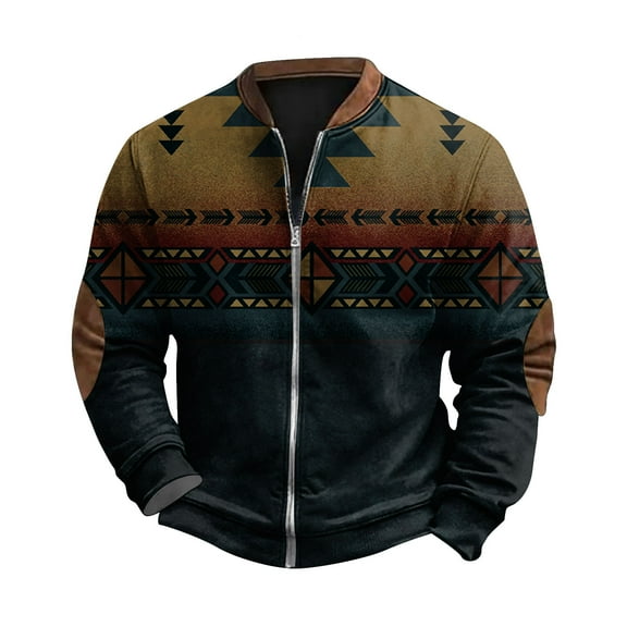 Men's Retro Casual Sportswear, Open Zipper Sweatshirt Jacket with Print Design for Street Fashion and Gym Workouts,Gold,L
