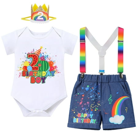 

FYMNSI Watermelon Baby Boy 2nd Second Birthday Cake Smash Outfit Rainbow Two Years Old Party Photo Shooting Props Cotton Short Sleeve Romper Y-back Suspenders Denim Shorts Mini Crown Hat 4pcs Set