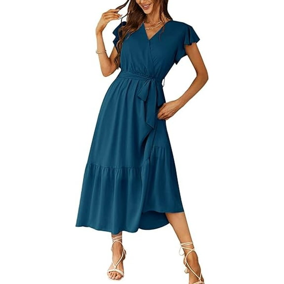 PRETTYGARDEN Women's Floral Boho Dress Wear To Work Wrap V Neck Short Sleeve Belted Ruffle Hem A-Line Flowy Maxi Dresses