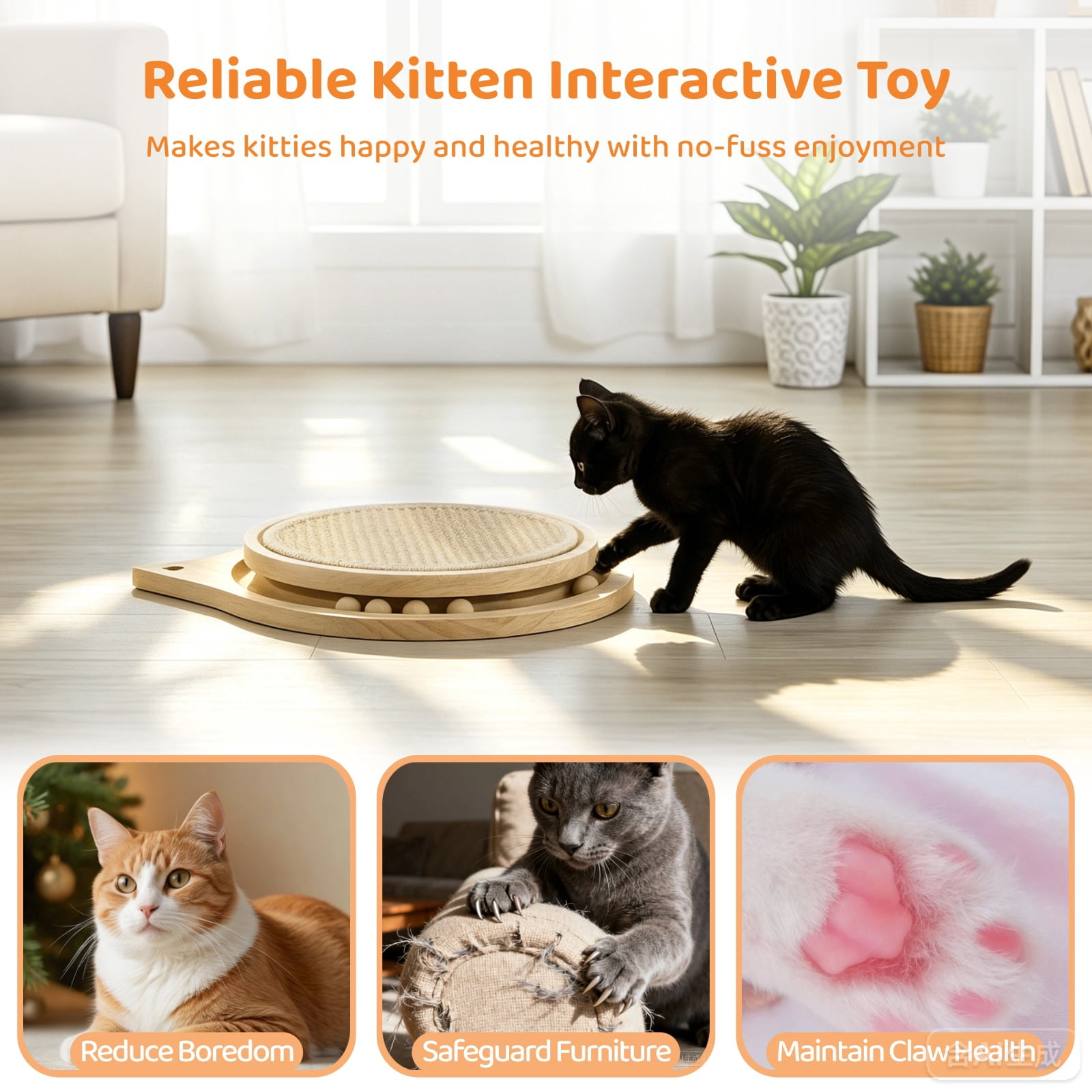 3-in-1 Cat Scratcher, Round Natural Sisal Cat Scratching Pad, Kitten Interactive Toy with Ball Track & Spring Ball, Cat Toy for Indoor Cats, Ideal for Chasing, Hunting
