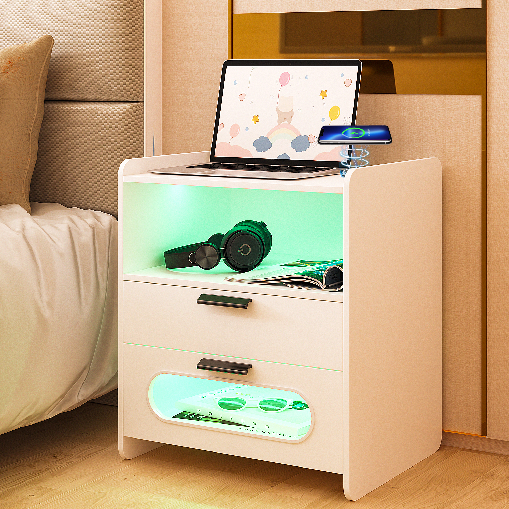 Lvifur RGB LED Nightstand with Wireless Charging Station & USB Ports, LED 20 Colors Dimmable