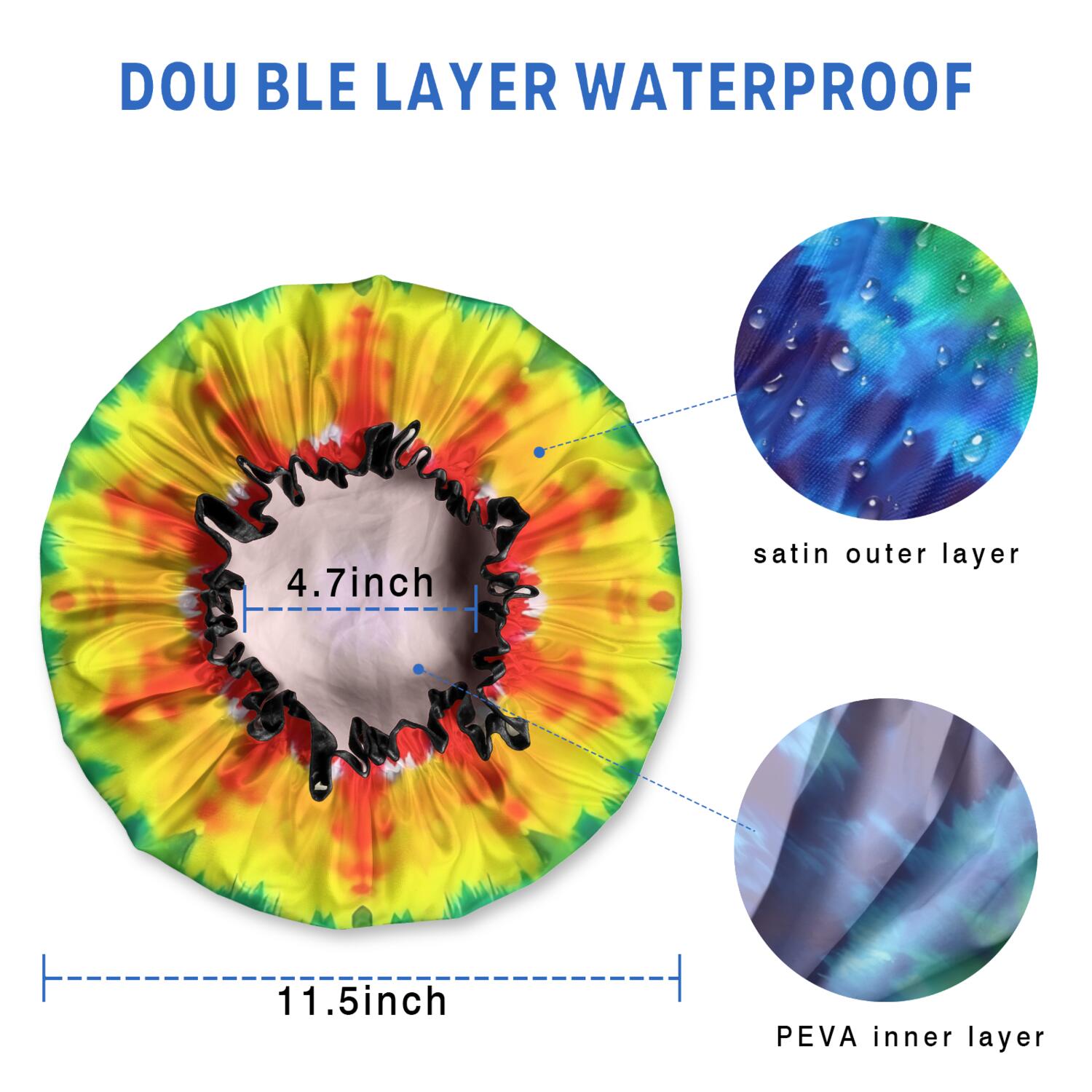 Shower Caps,Colorful Rainbow Tie Dye Spiral Pattern Waterproof Shower Cap for Women 4 Pieces,Double Reusable Hair Cover for Shower PEVA Elastic Stretch Hem