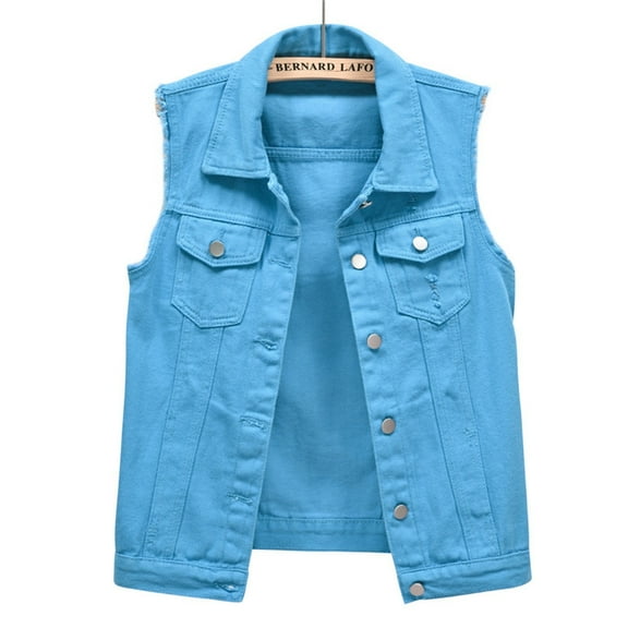 Blue Airy Soft Comfy Tank Tops, Cotton Sleeveless Tunic Tops For Women, Multi Color Denim Vest Female Short Spring And Summer Slim Thin Burlap Sleeveless Shoulders Broken Holes Vest Jacket