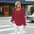 thumbnail image 4 of Women'S Solid Color Round Neck Long Sleeve Loose Chiffon Shirt Top Fashionable and Elegant Pullover Tops Wine Red M, 4 of 9