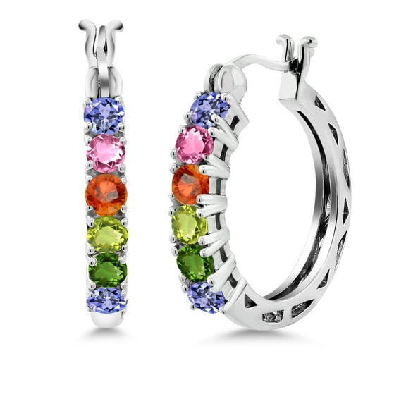 Gem Stone King 925 Sterling Silver Multi Color Tourmaline Hoop Earrings for Women (1.56 Cttw, 22MM = 0.85 inches Diameter)