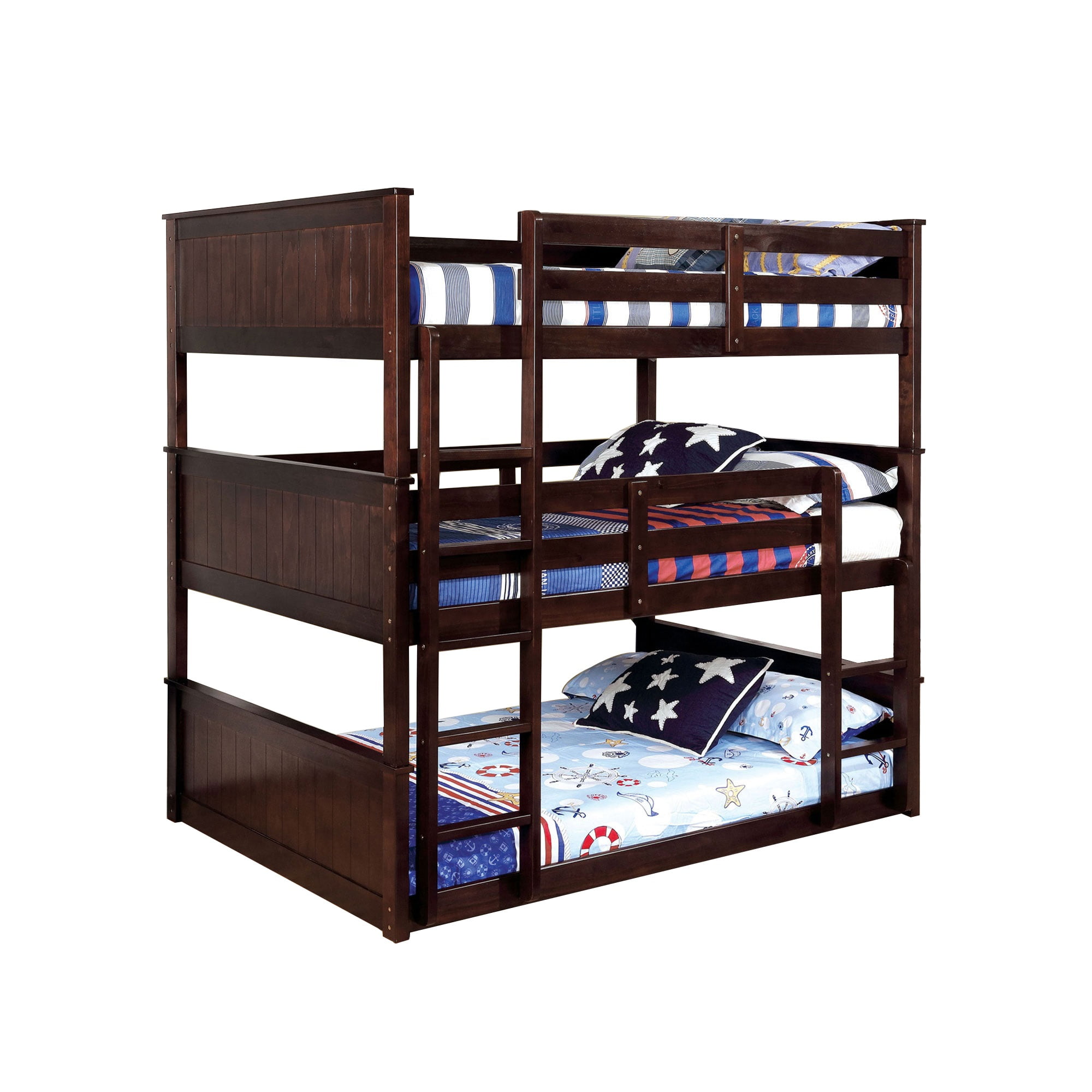 Three Tier Wooden Full Size Bunk Bed with 2 Attached Ladders, Brown