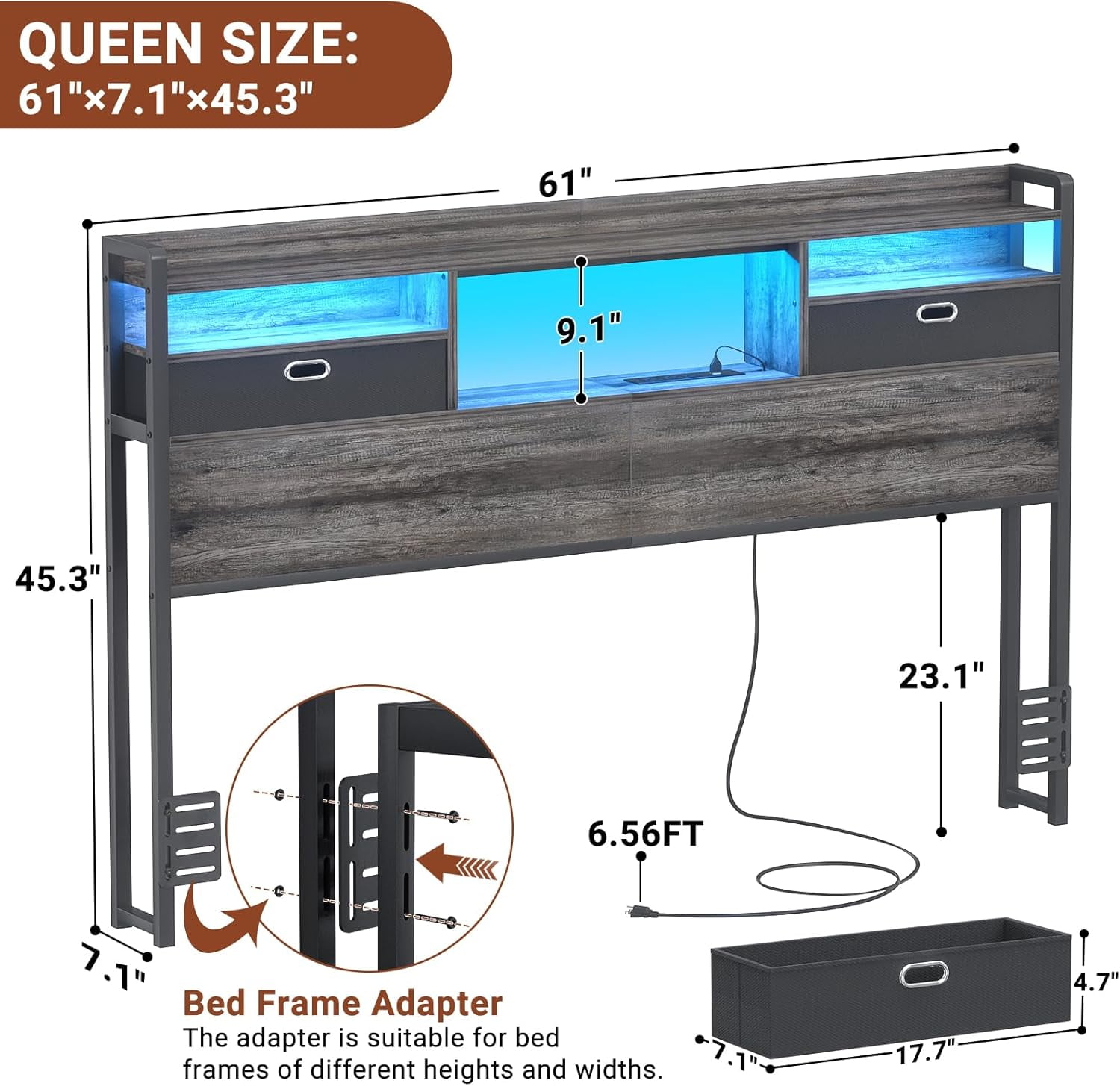 Homieasy Queen Headboard with Drawer Storage and LED Light, Wood Headboard for Queen Size Bed with Power Outlet and Bookcase, Sturdy Head Board for Bedroom, Dorm Room, Guest Room, Black Oak