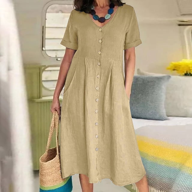 Robe Midi Mode Femme Été Décontractée Col en V Manches Courtes Bouton Poche Coton Lin Robe Habillée Combinaison pour Femme en Liquidation