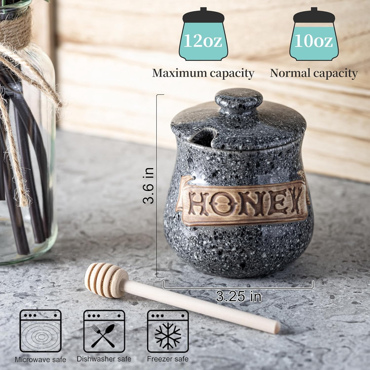 Honey Jar, Honey Pot, Honey Dispenser 12oz Grey Ceramic Honey Jar with Wood Dipper & Lid – Multi-Use for Fruit Syrup/Jam, Kitchens & Coffee Bars, Grey