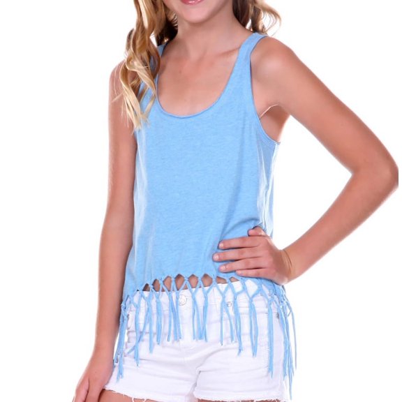 Kavio Big Girls 7-16 Sheer Jersey Scoop Neck Macrame Fringe Asymmetrical Tank - GJP0623