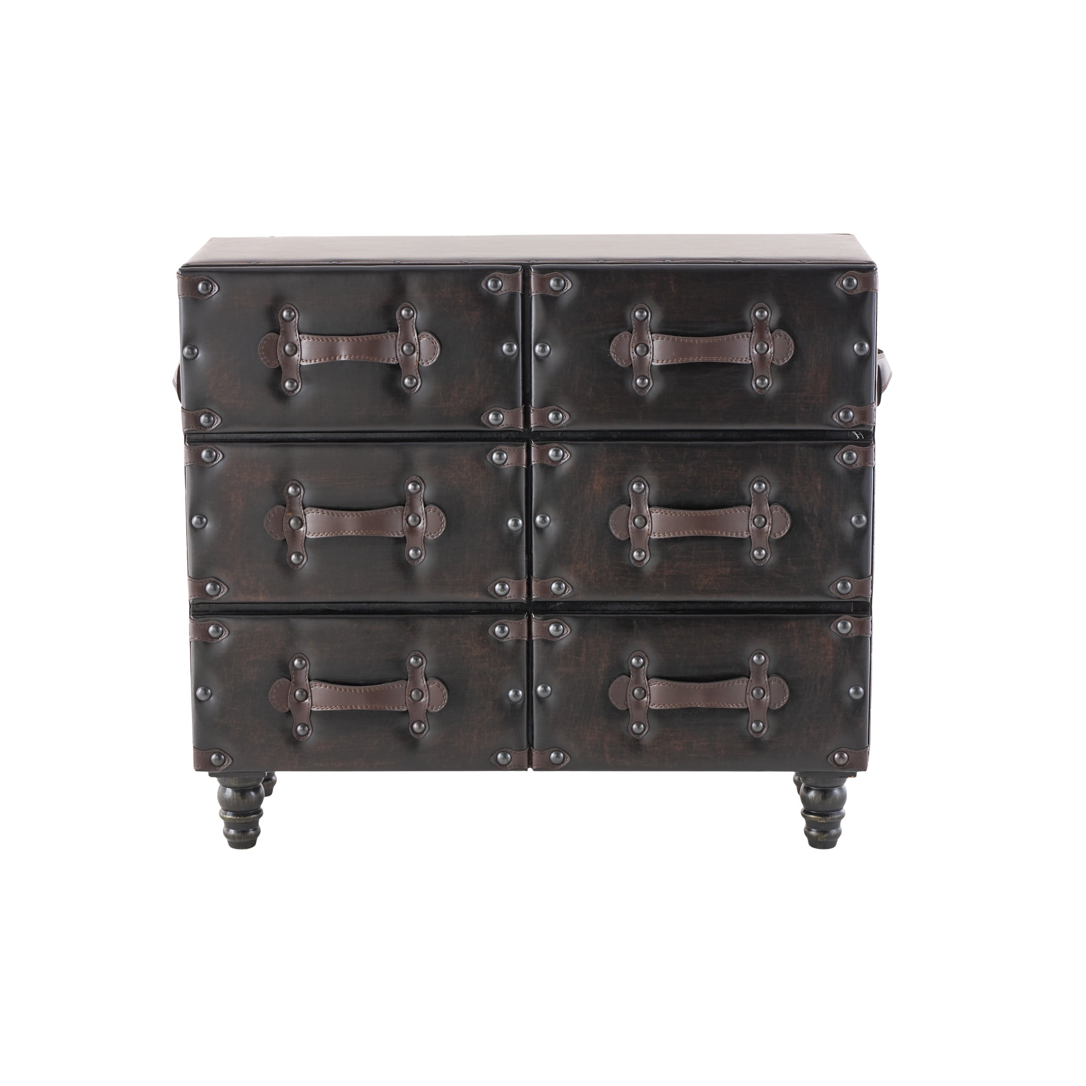 DecMode 32" x 28" Black Wood Vintage Faux Leather Chest with Rivets and Straps Detailing, 1-Piece