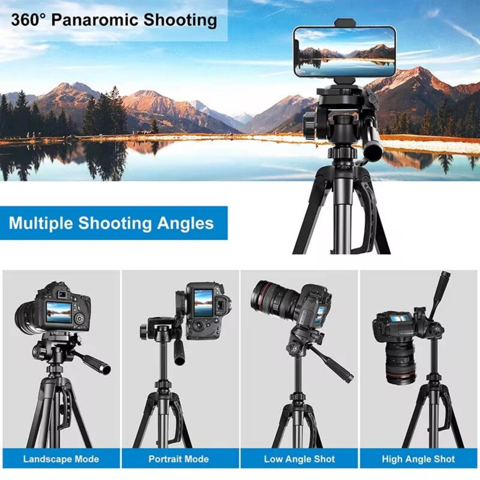 67" Camera Tripod, Portable and Flexible Tripod with Clip and Adapter, Porfessional Aluminum Tripod Stand for Mirrorless, DSLR, Phone, Camcorder, Spotting Scopes, Binoculars, Telescope
