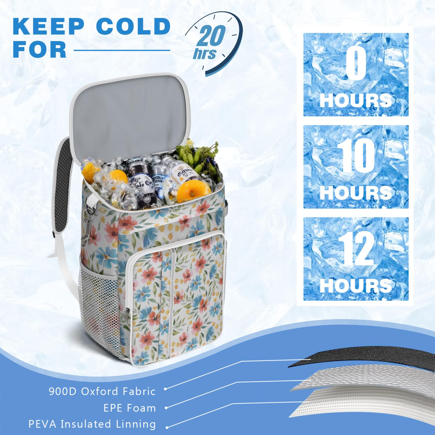 Travel Cooler Bag - Pioneer Flower Floral Print Pattern Camping Beer Cooler Backpack with Bottle Opener- Waterproof Insulated Picnic Backpacks - Cooler Bag for Beach
